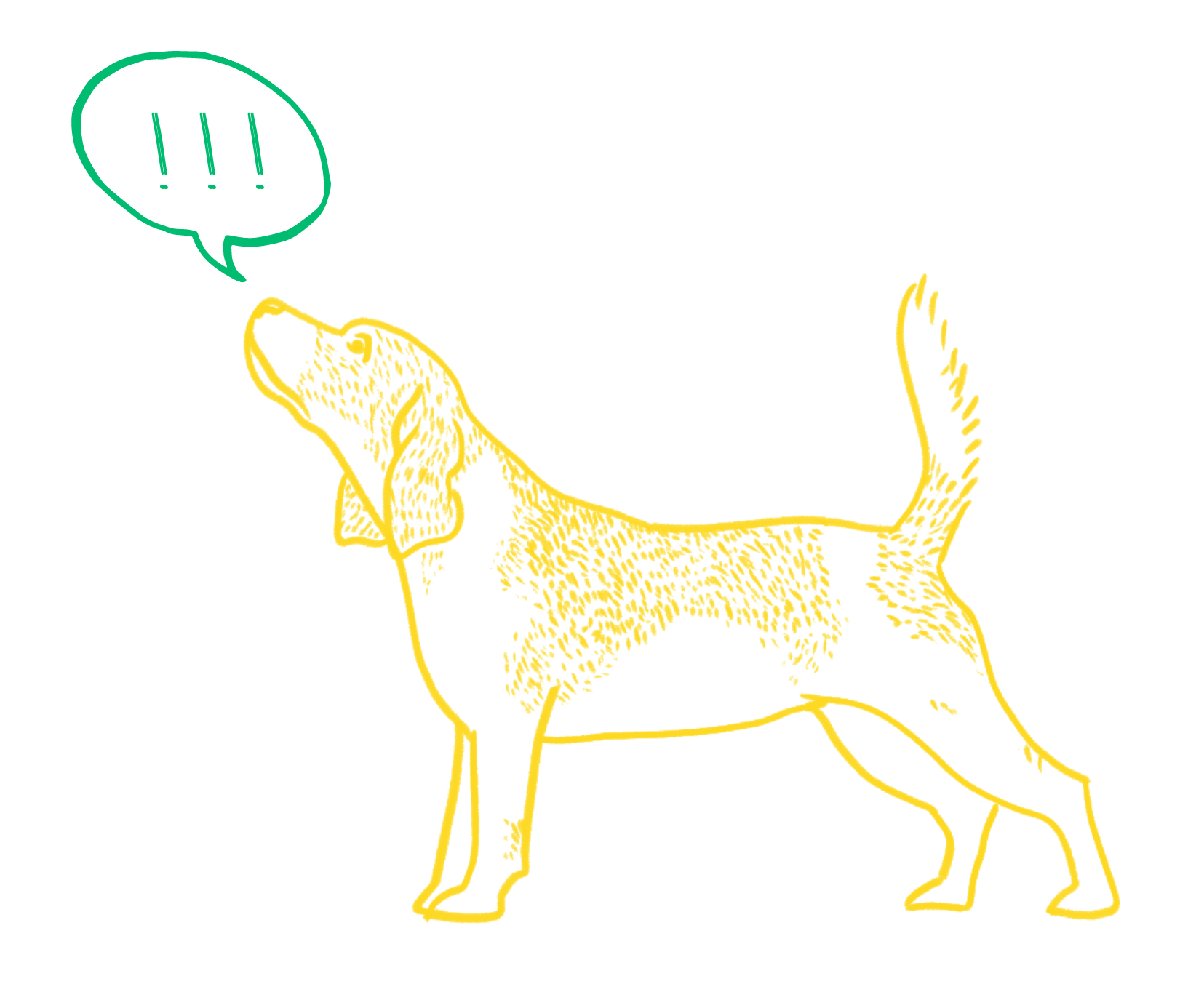 A sketch of a beagle with a speech bubble filled with exclamation points above his head