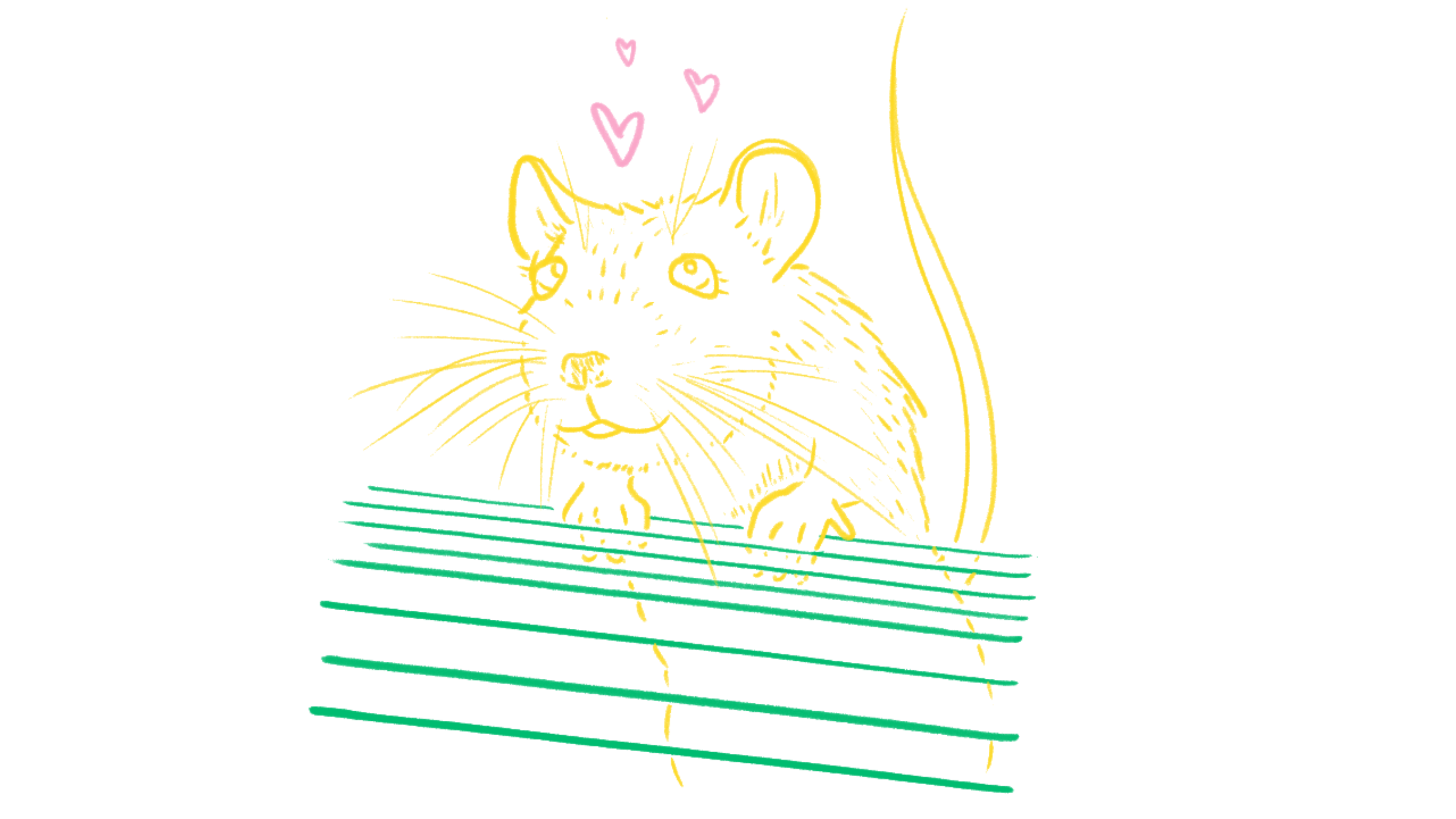 A loose sketch of a mouse exiting a cage, hearts over his head