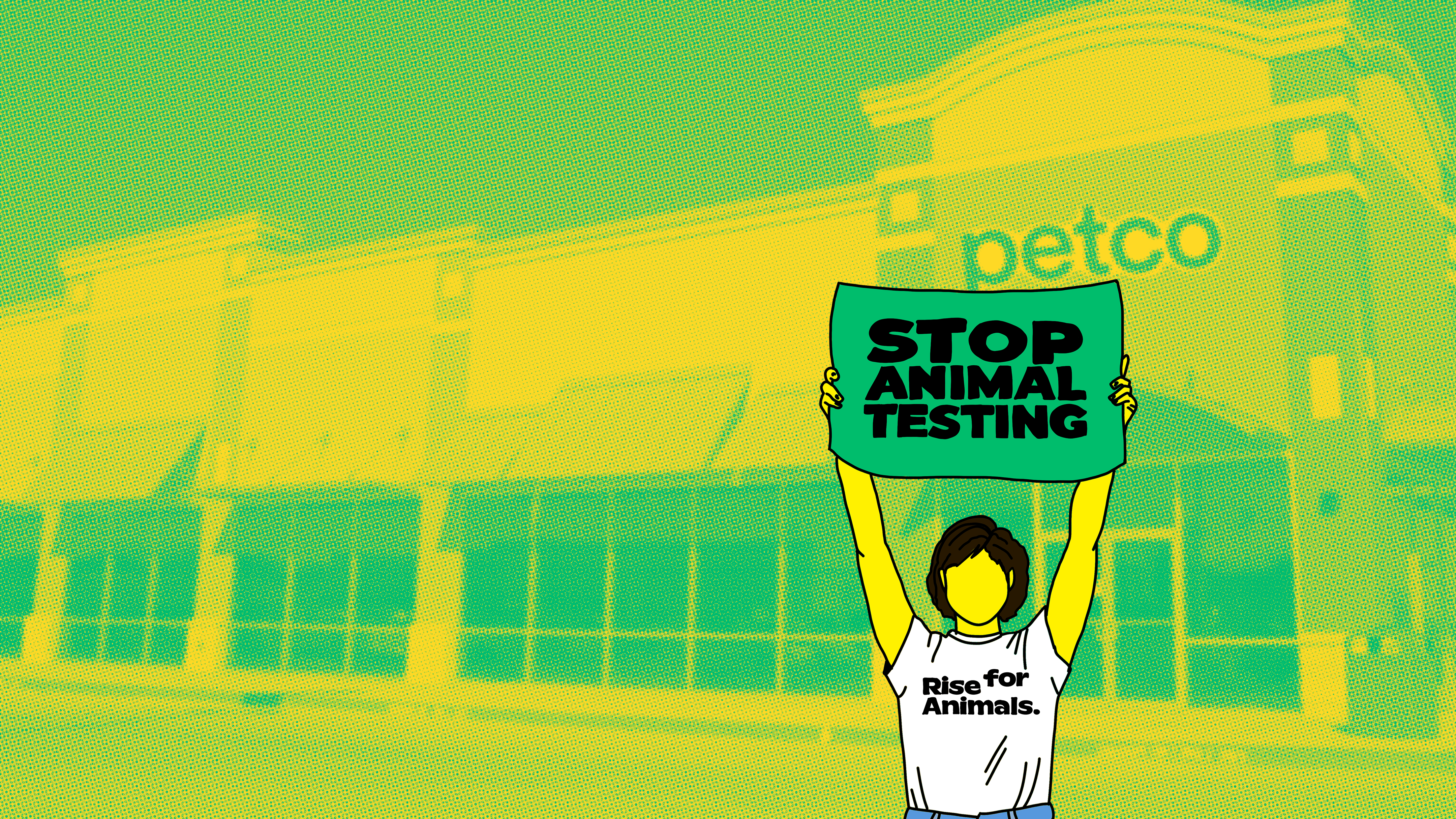 An illustration of an activist holding a "STOP ANIMAL TESTING" sign in front of a pet store