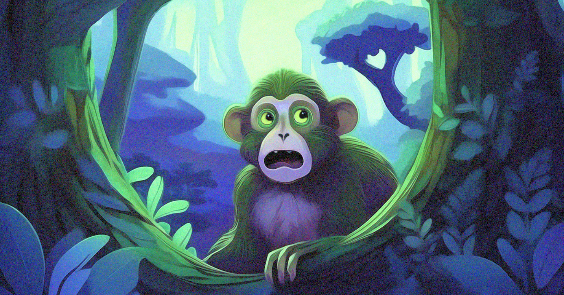 An AI-generated cartoon illustration depicts a monkey hiding in the woods